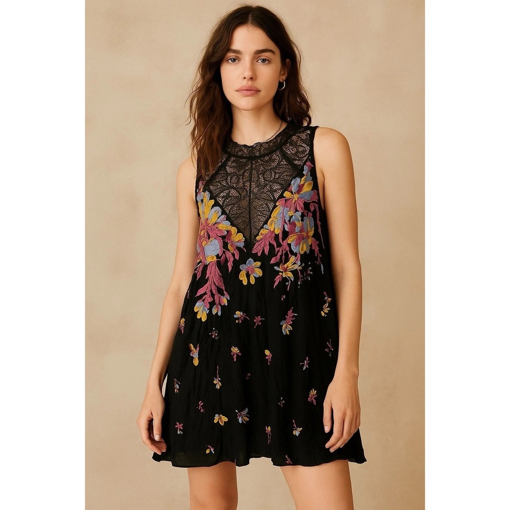 Free People Marsha Lace Mini Dress Womens XS Black Floral NWT Boho Romantic‎